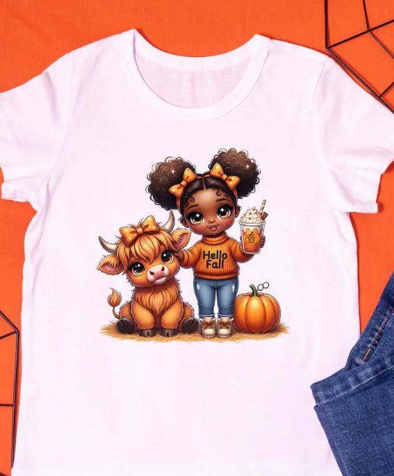 Fall Girl & Highland Cow PNG Clipart: Autumn Shirt Design (Digital Download)