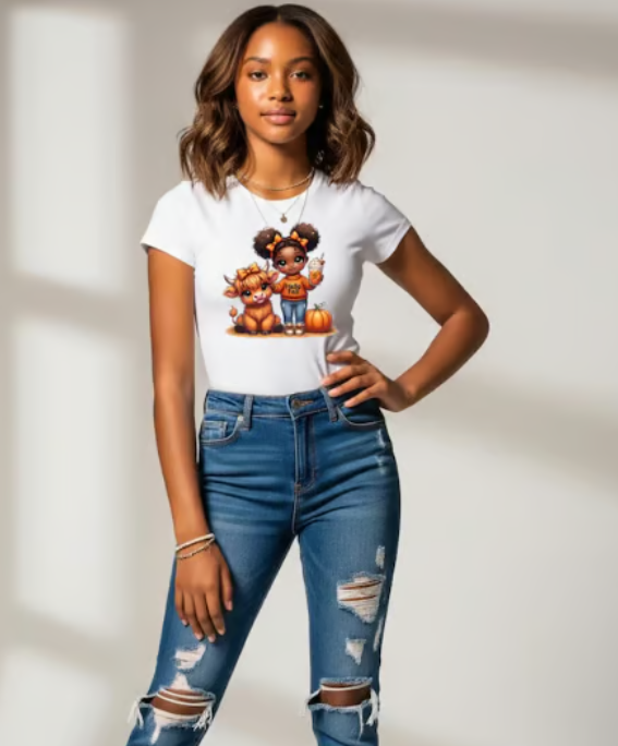 Fall Girl & Highland Cow PNG Clipart: Autumn Shirt Design (Digital Download)